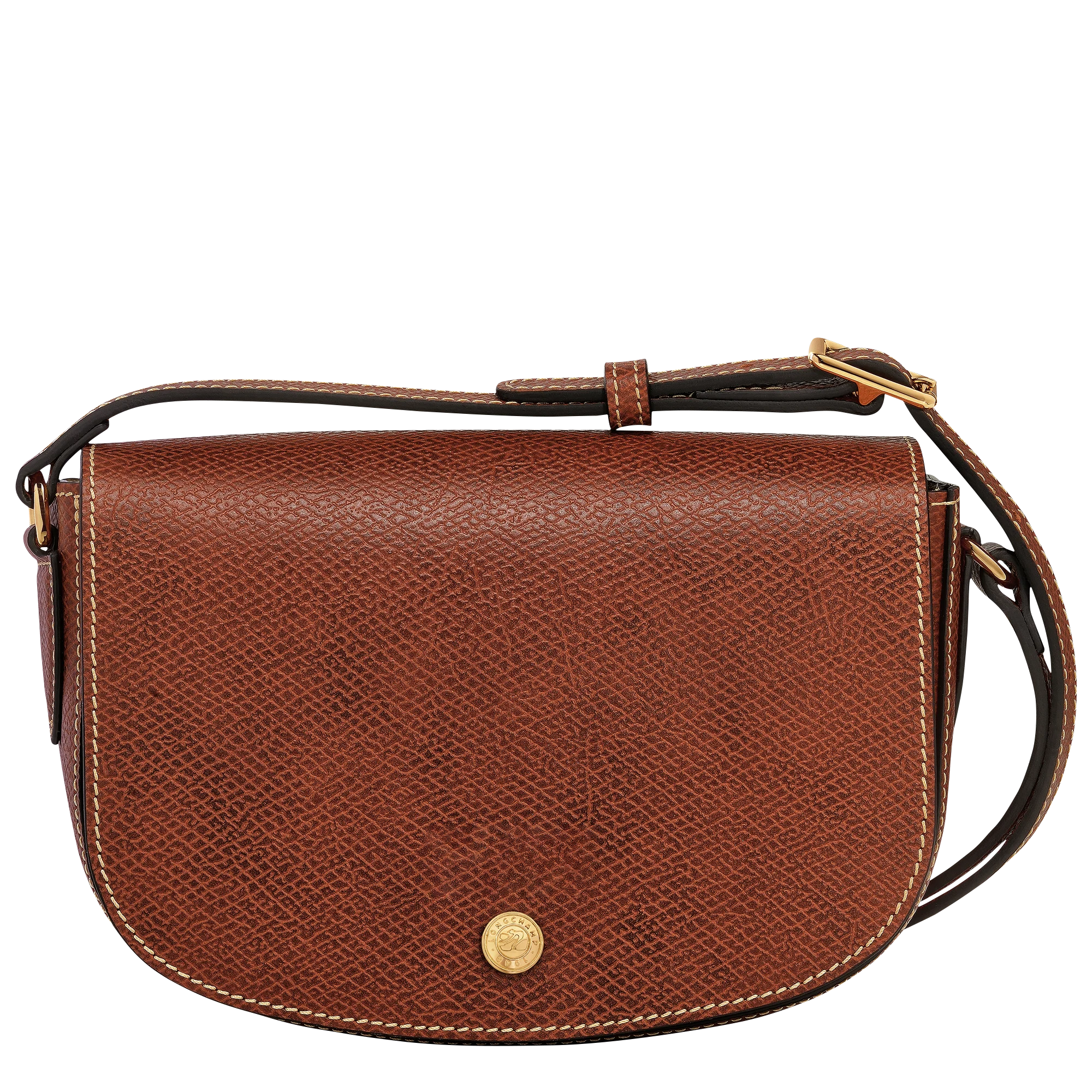 Curved Leather Flap Over Bag With Snap Fastener Adjustable Crossbody Strap and Single Inner Slot