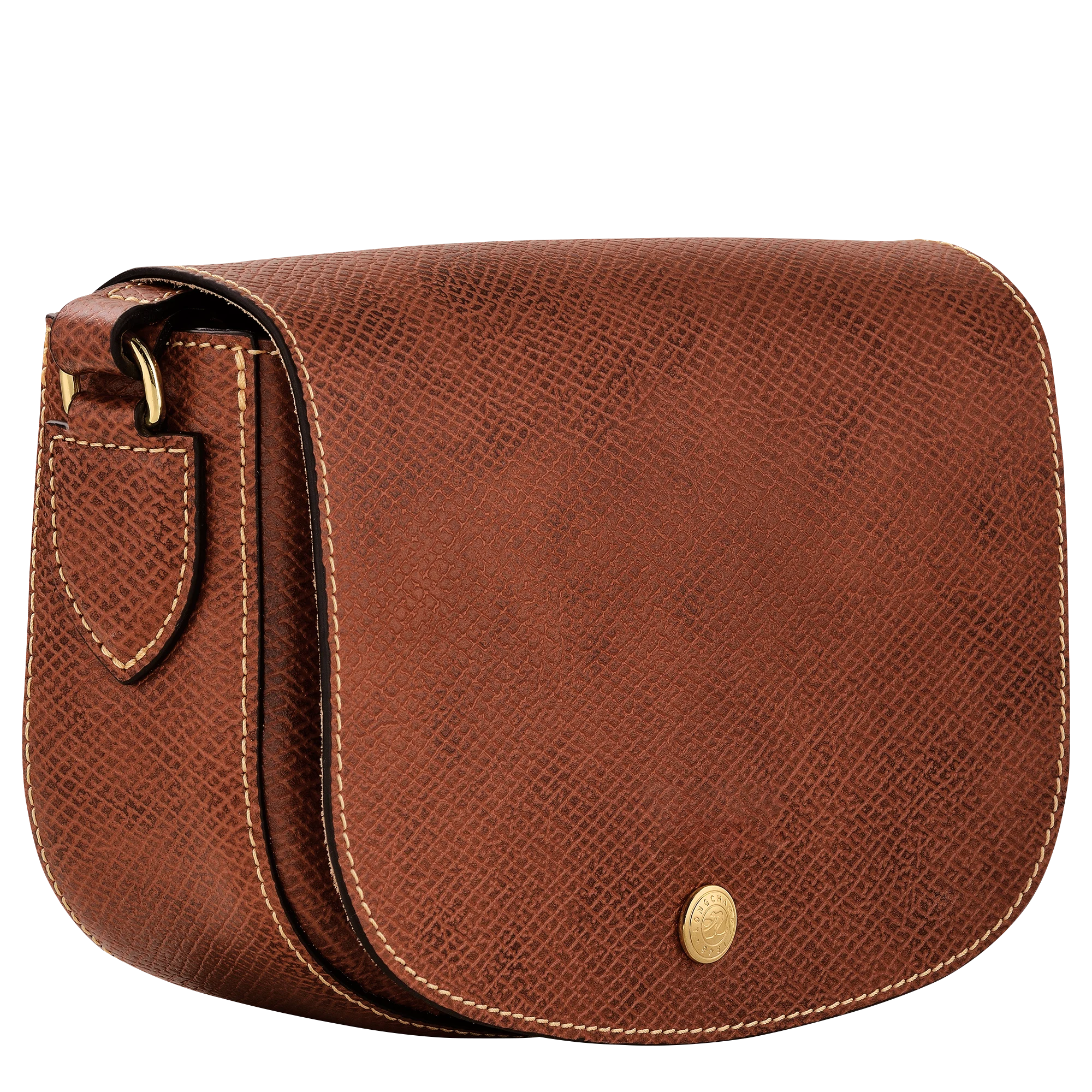 Curved Leather Flap Over Bag With Snap Fastener Adjustable Crossbody Strap and Single Inner Slot