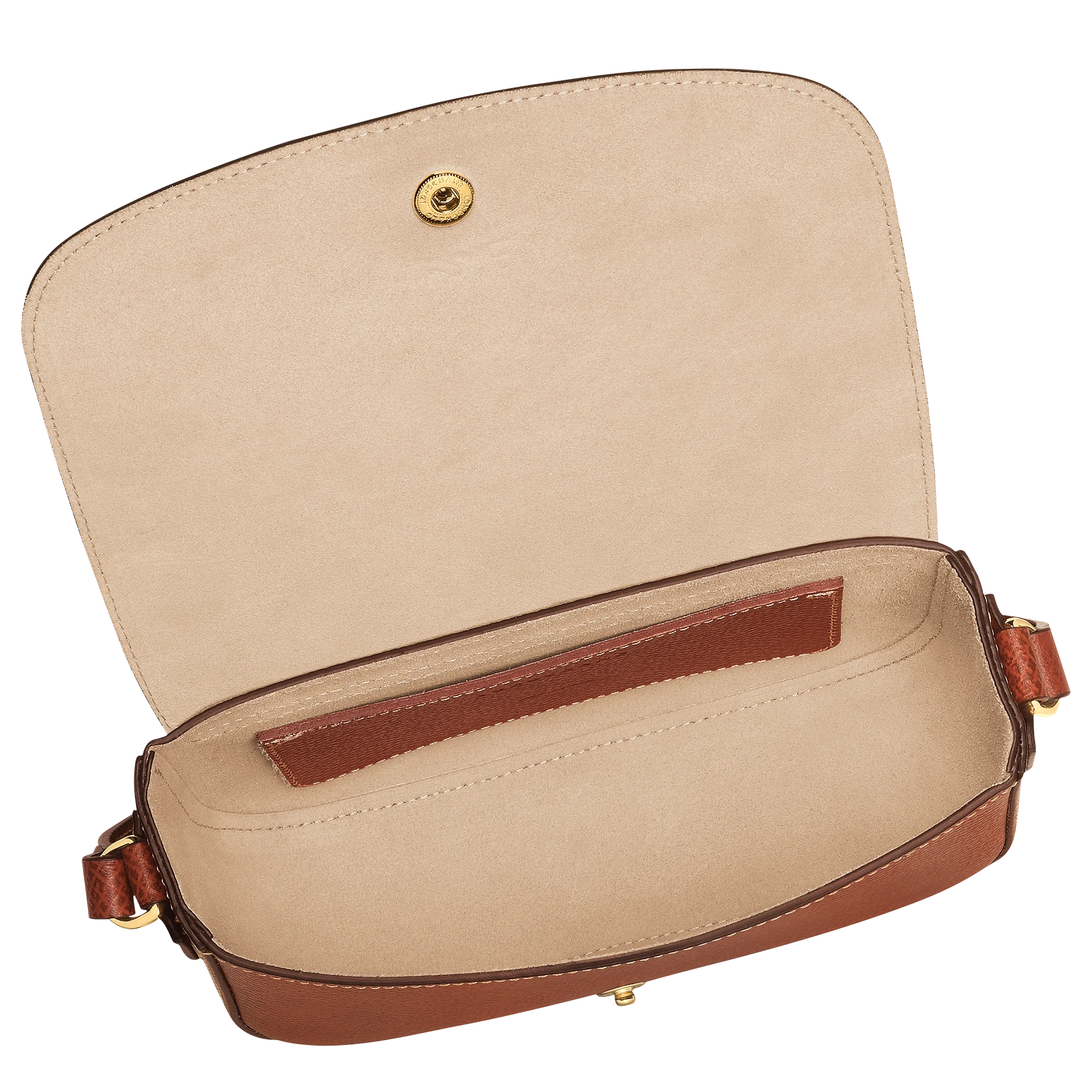 Curved Leather Flap Over Bag With Snap Fastener Adjustable Crossbody Strap and Single Inner Slot