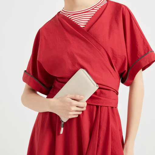 Grained Leather Zipper Clutch With Multi-Grid Card Slots and Decorative Zipper Pull Hardware