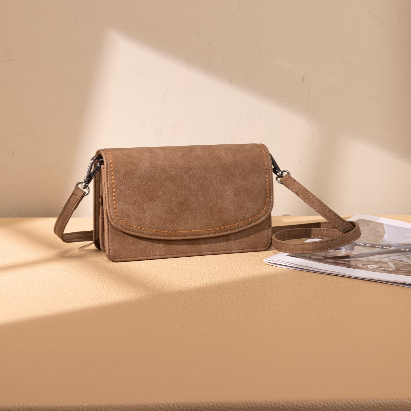 RFID Shielding Crossbody Clutch With Adjustable Stitch-Decorated PU Leather Shoulder Strap