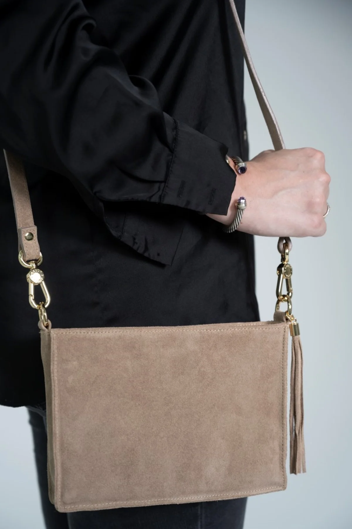 Suede Textured Crossbody Clutch With Built-In Detachable Shoulder Strap and Zip Seal Design