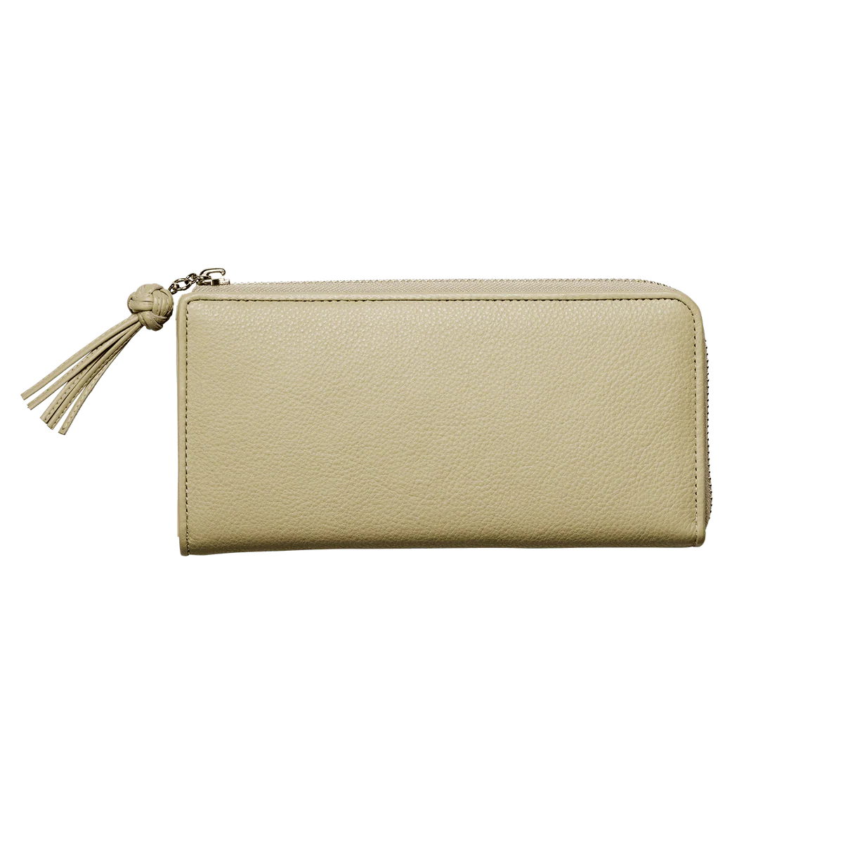 Slim Full-Grain Leather Zipper Clutch With L-Shaped Wide Opening Zipper and Decorative Leather Tassel