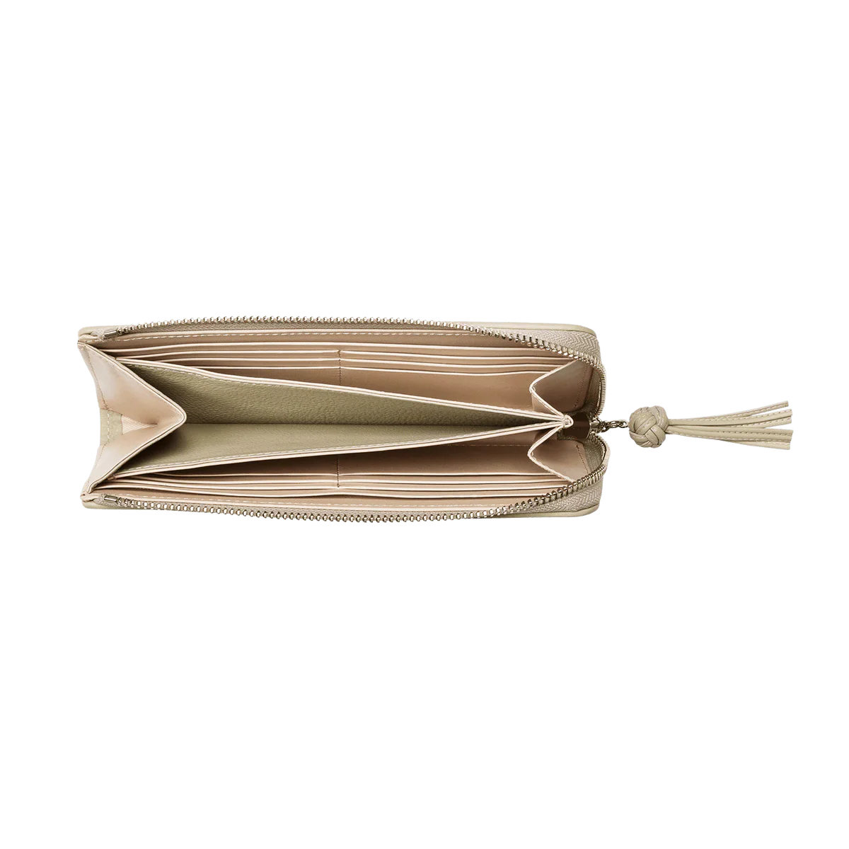 Slim Full-Grain Leather Zipper Clutch With L-Shaped Wide Opening Zipper and Decorative Leather Tassel