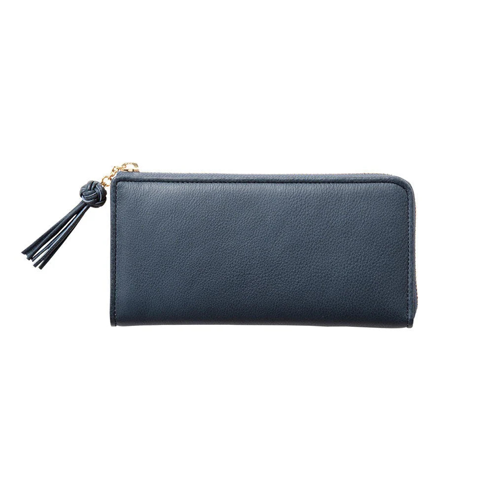 Slim Full-Grain Leather Zipper Clutch With L-Shaped Wide Opening Zipper and Decorative Leather Tassel