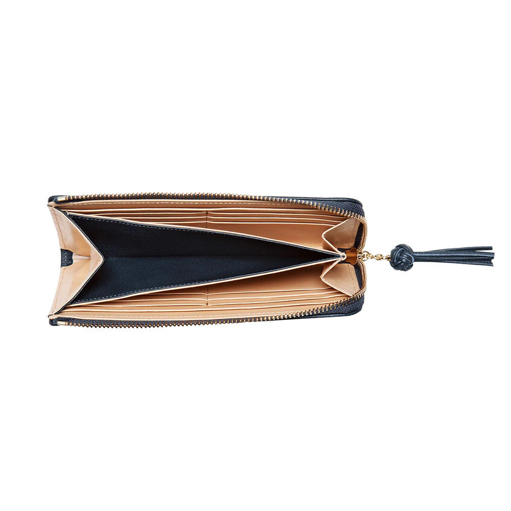 Slim Full-Grain Leather Zipper Clutch With L-Shaped Wide Opening Zipper and Decorative Leather Tassel